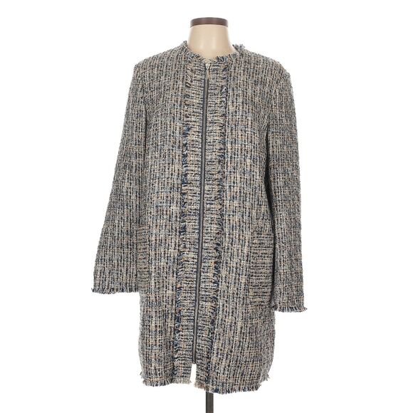 J. McLaughlin Tweed Coat Jacket Women's L Blue Tan Zip Up Preppy Frayed Trim - Picture 1 of 9
